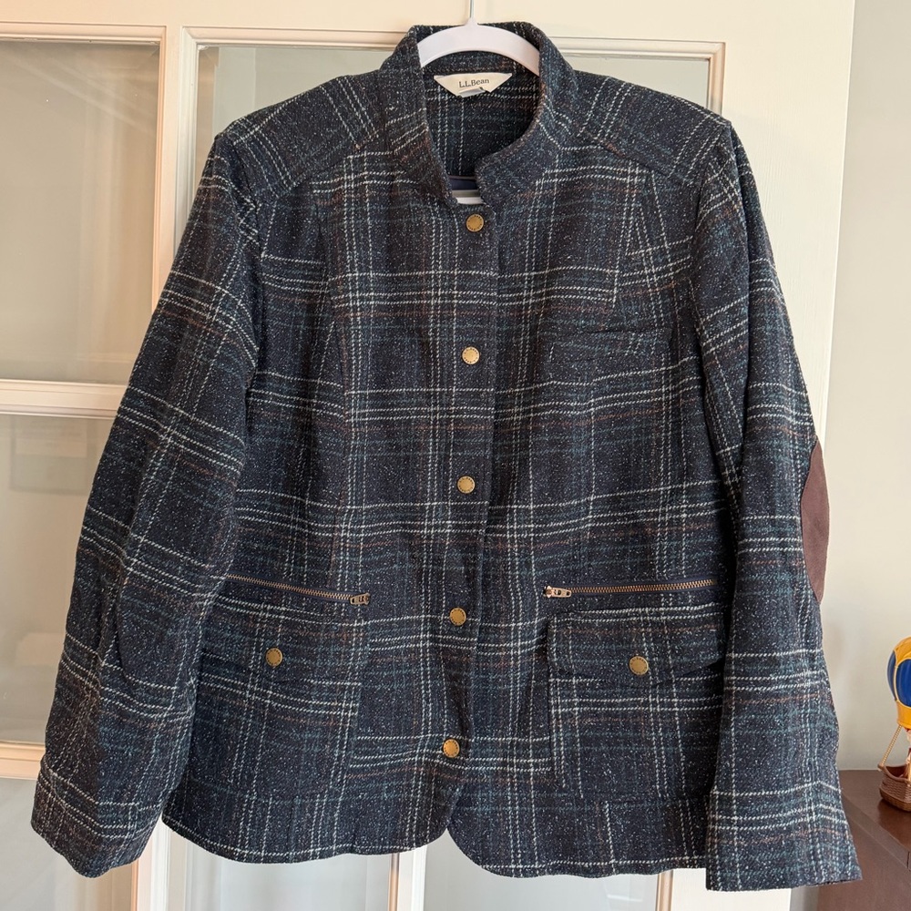 L.L. Bean Women's Navy Plaid Button-Front Blazer Jacket